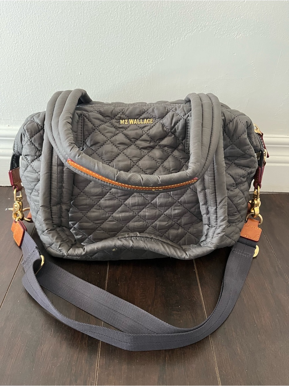 MZ Wallace Quilted Gray Shoulder Bag with Brown Trim